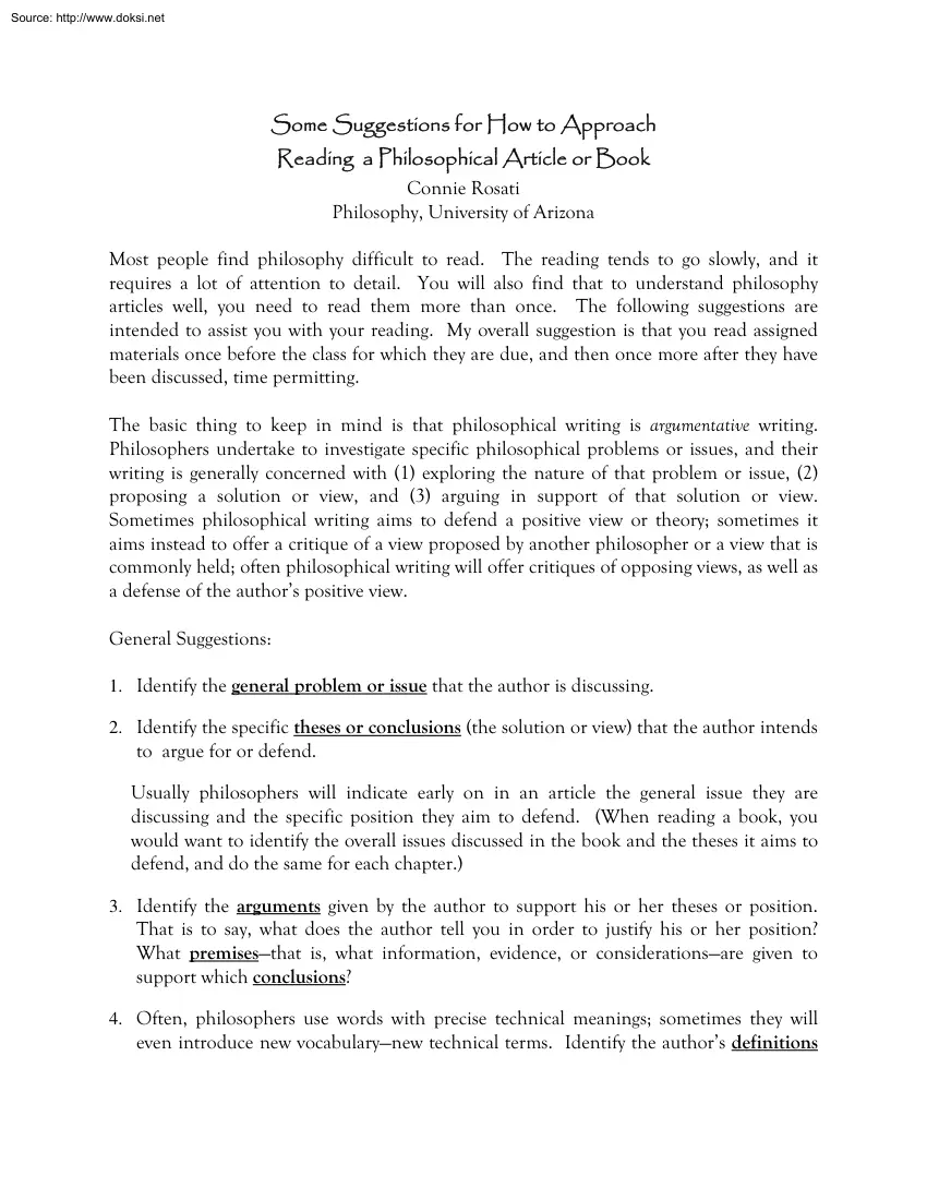 Connie Rosati - Some Suggestions for How to Approach Reading a Philosophical Article or Book