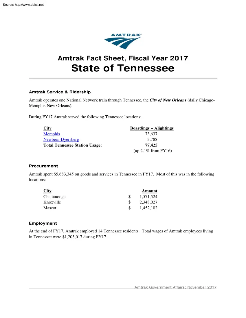 Amtrak Fact Sheet, State of Tennessee