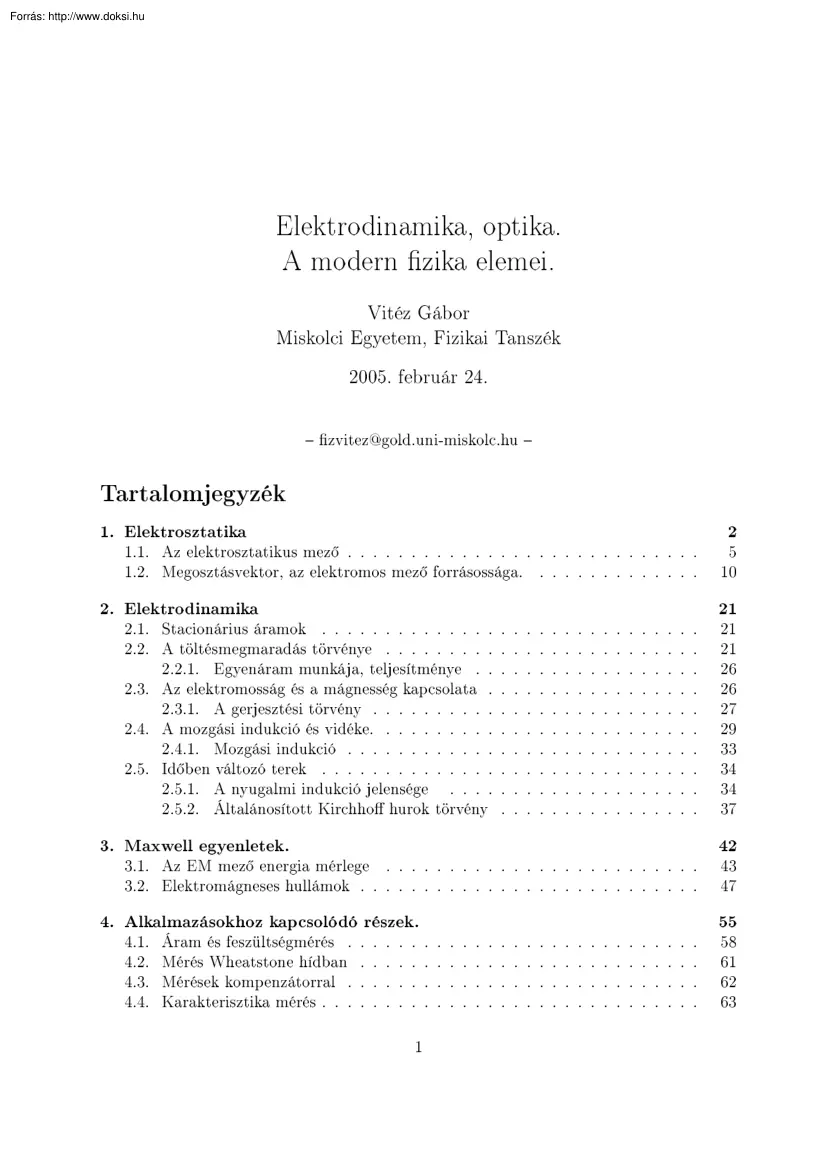 Vitéz Gábor - Elektrodinamika, optika, a modern fizika elemei