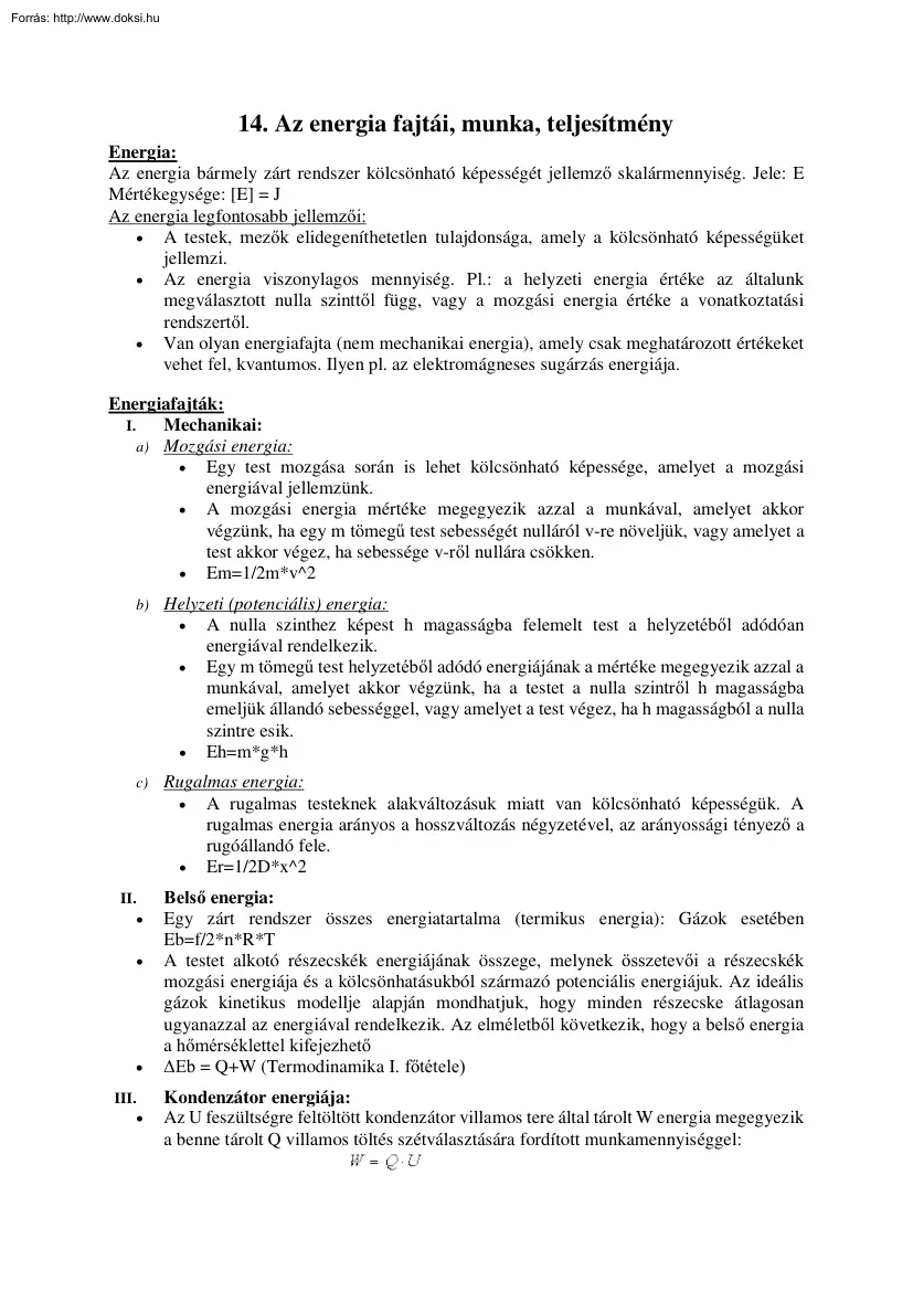 Az energia fajtái, munka, teljesítmény