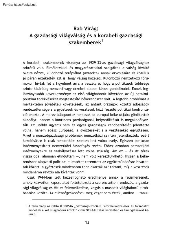 Rab Virág - A gazdasági világválság és a korabeli gazdasági szakemberek