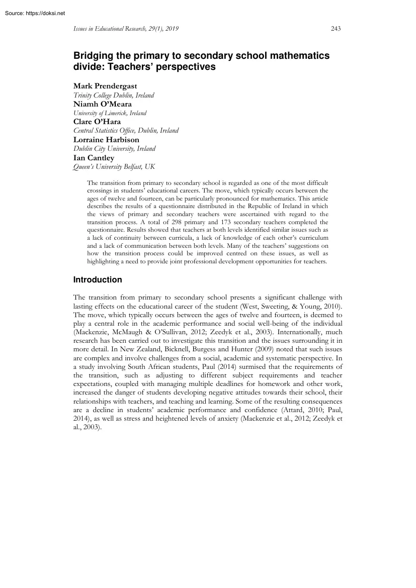Bridging the primary to secondary school mathematics divide, Teachers perspectives