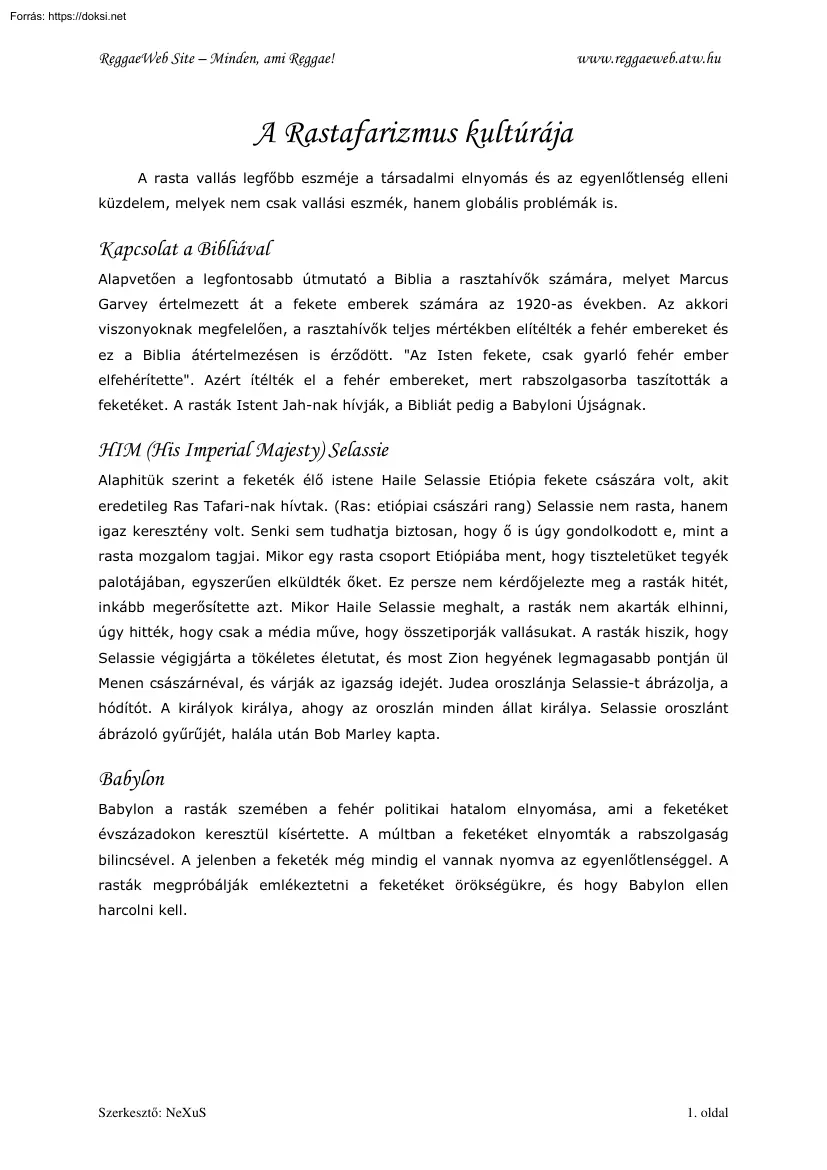 A Rastafarizmus kultúrája