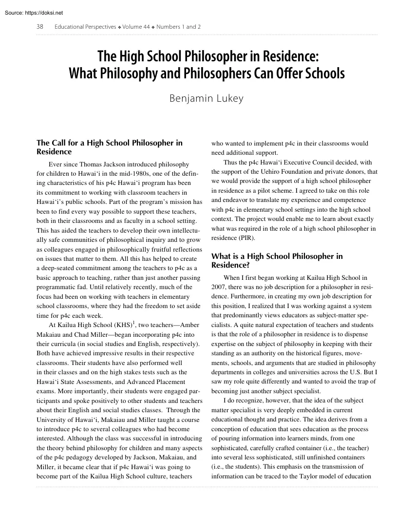Benjamin Lukey - The High School Philosopher in Residence, What Philosophy and Philosophers Can