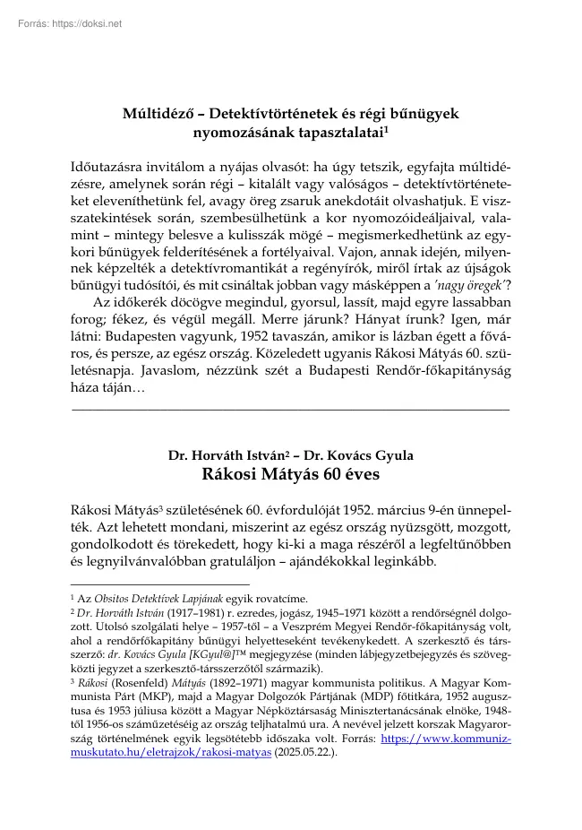 Dr. Kovács Gyula - Múltidéző, Rákosi Mátyás 60 éves