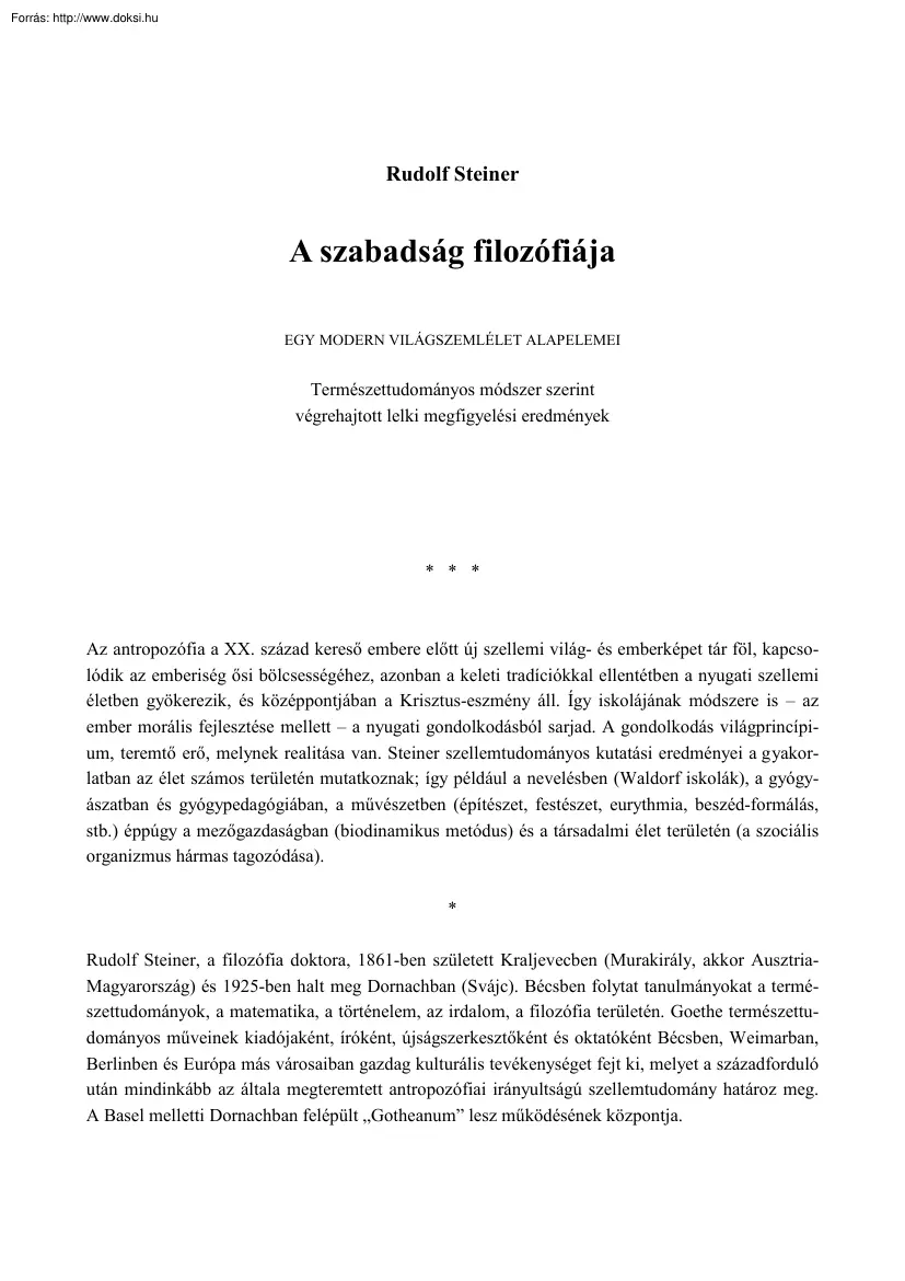 Rudolf Steiner - A szabadság filozófiája