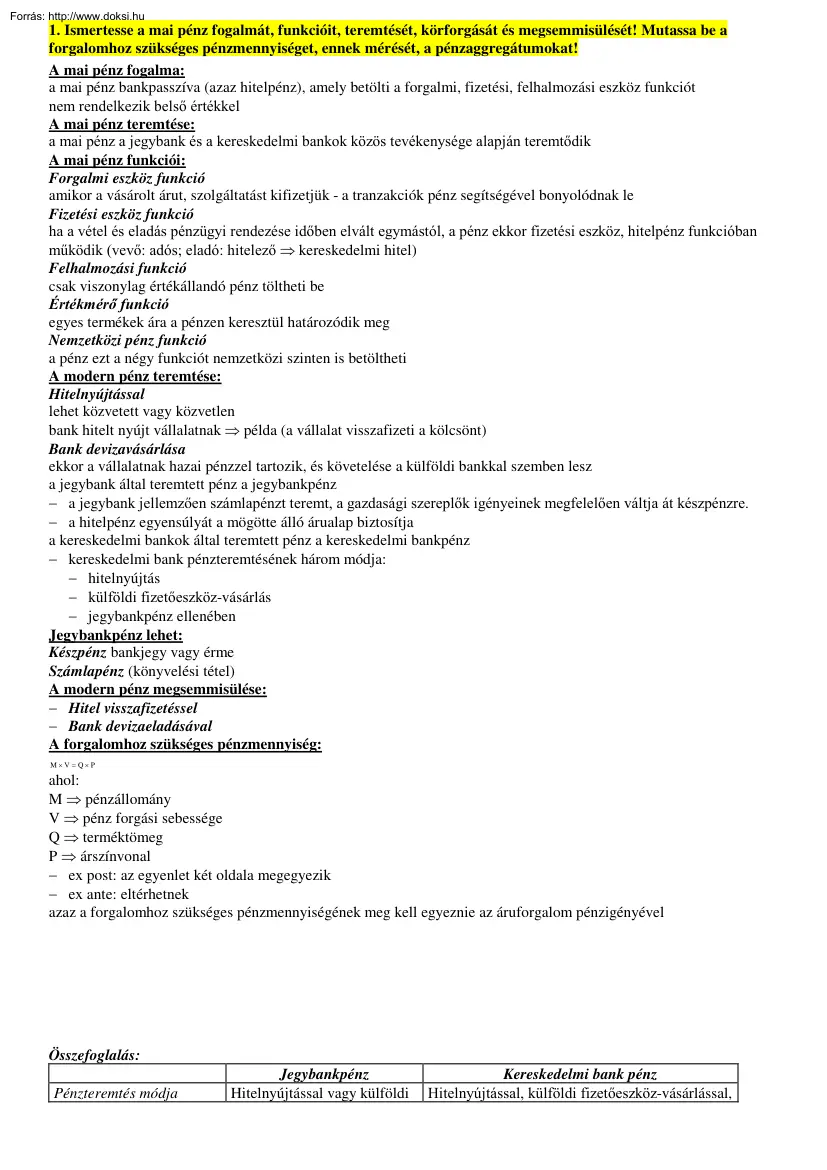 PSZF Bevezetés a pénzügyekbe tételek, 2005