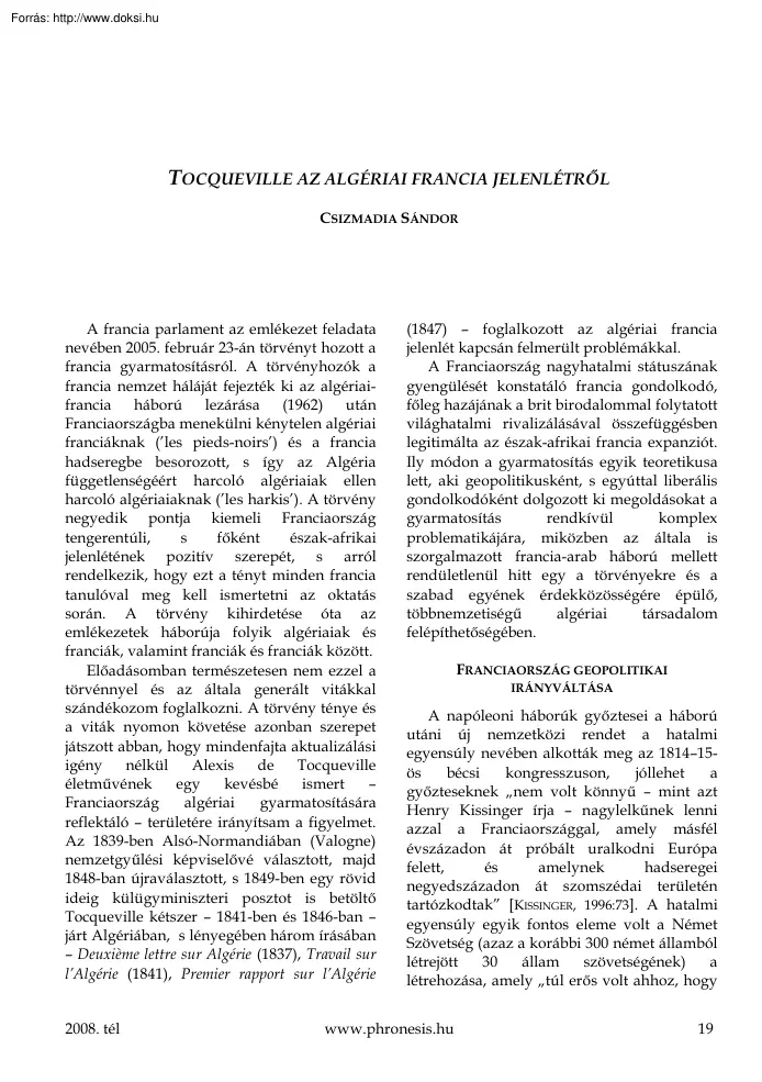 Csizmadia Sándor - Tocqueville az algériai francia jelenlétről