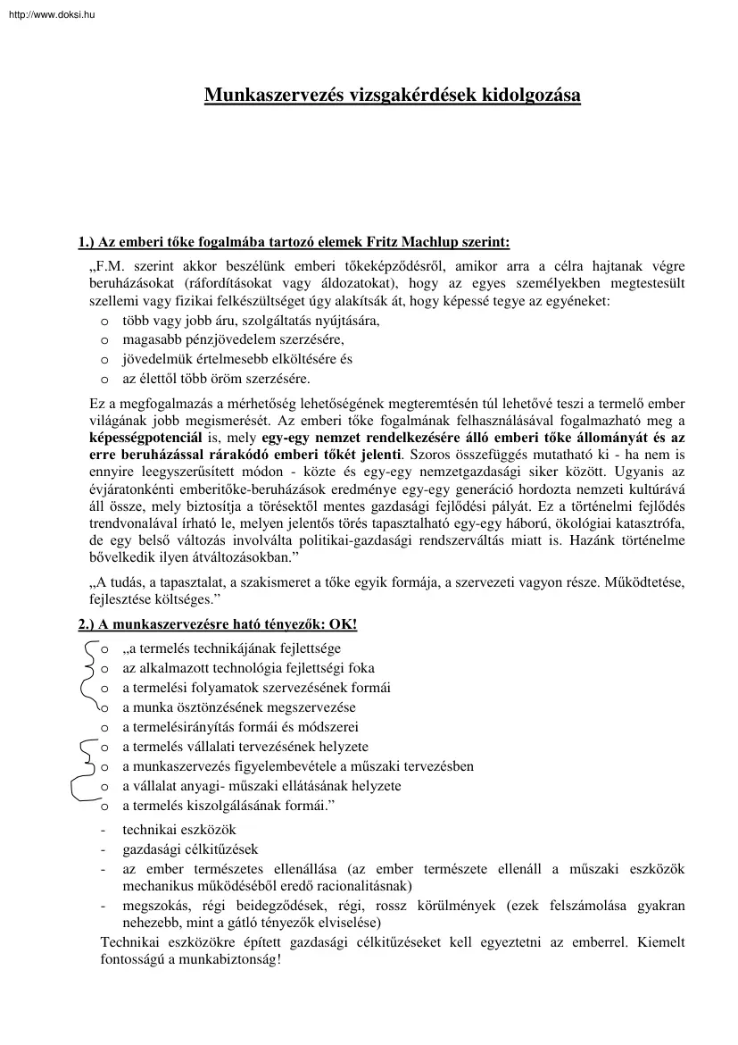 Munkaszervezés vizsgakérdések kidolgozása
