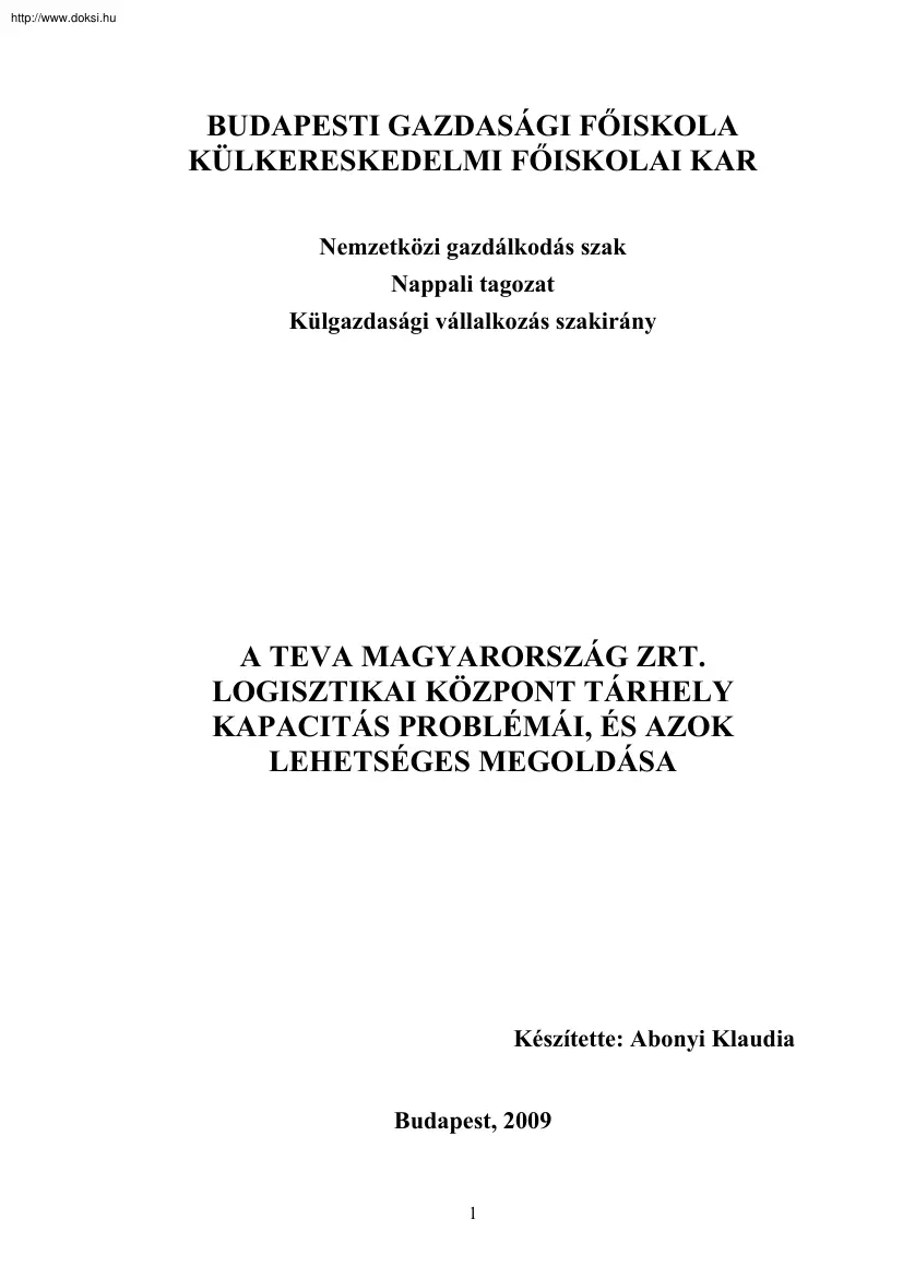 Abonyi Klaudia - A Teva Magyarország Zrt logisztikai központ tárhely kapacitás problémái, és