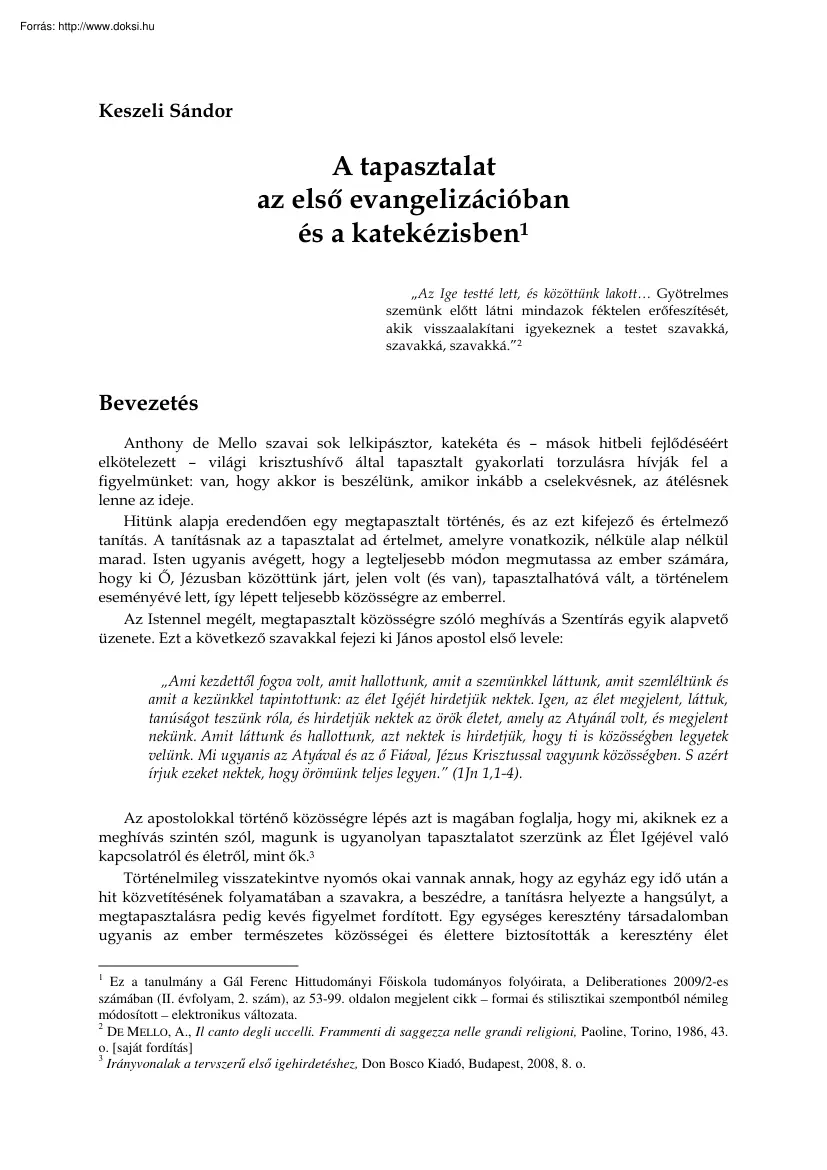 Keszeli Sándor - A tapasztalat az első evangelizációban és a katekézisben