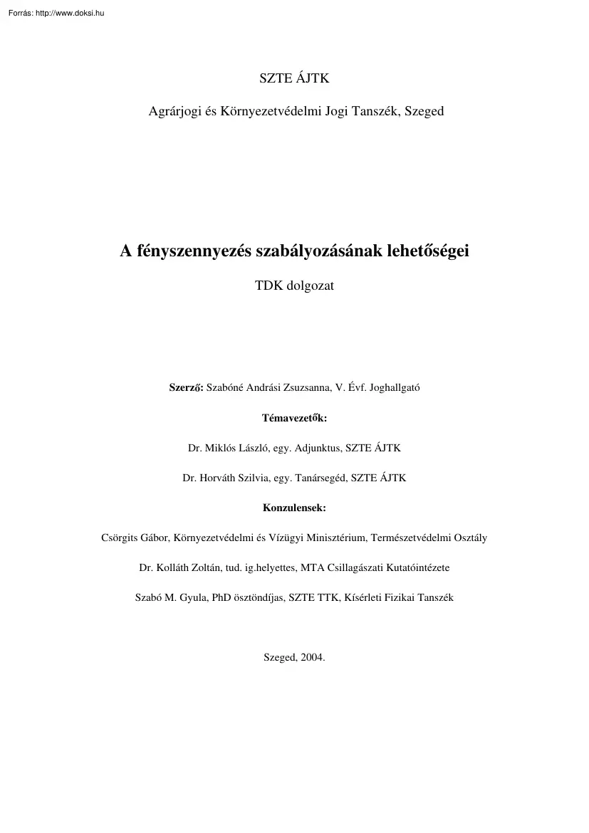 Szabóné Andrási Zsuzsanna - A fényszennyezés szabályozásának lehetőségei