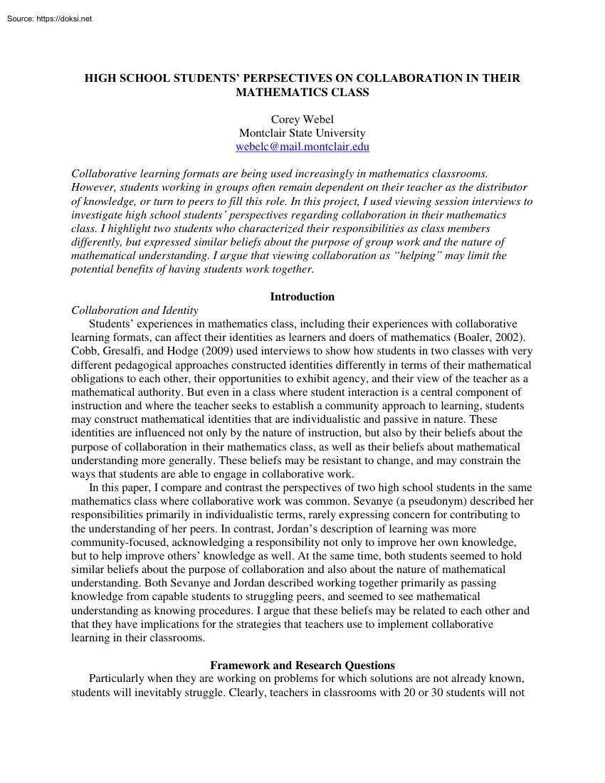 Corey Webel - High School students perspectives on collaboration in their mathematics class