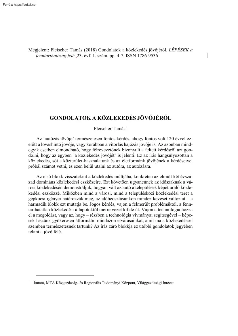 Fleischer Tamás - Gondolatok a közlekedés jövőjéről