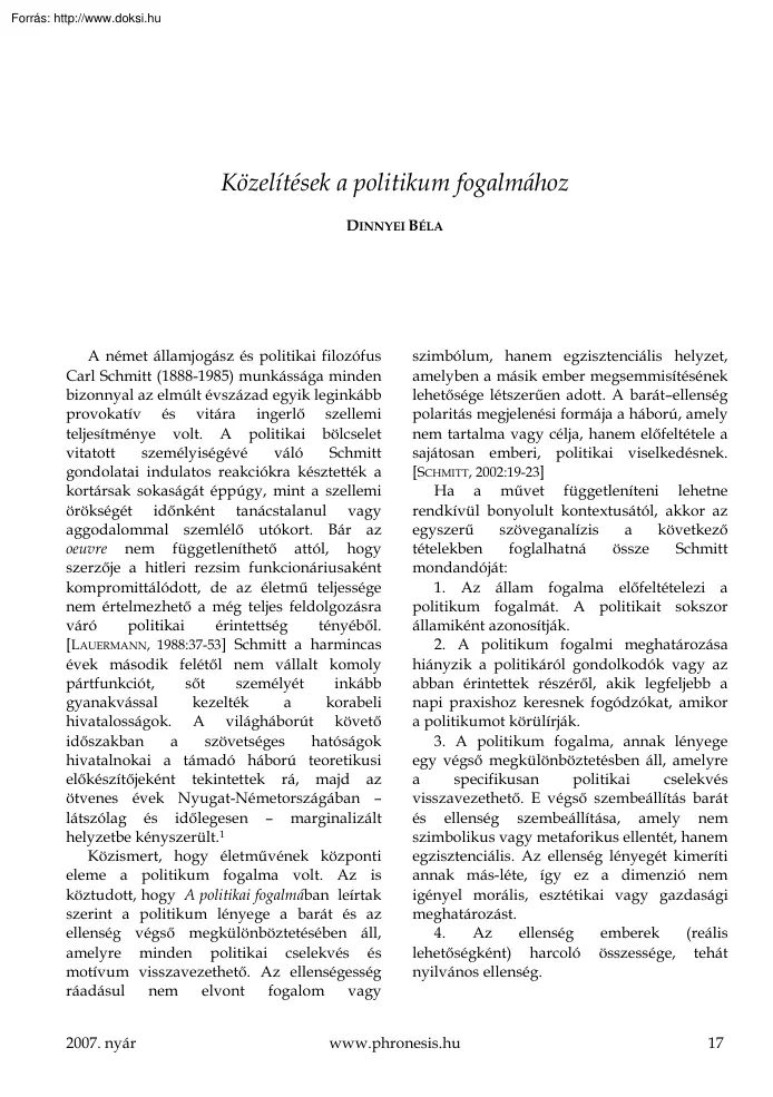 Dinnyei Béla - Közelítések a politikum fogalmához
