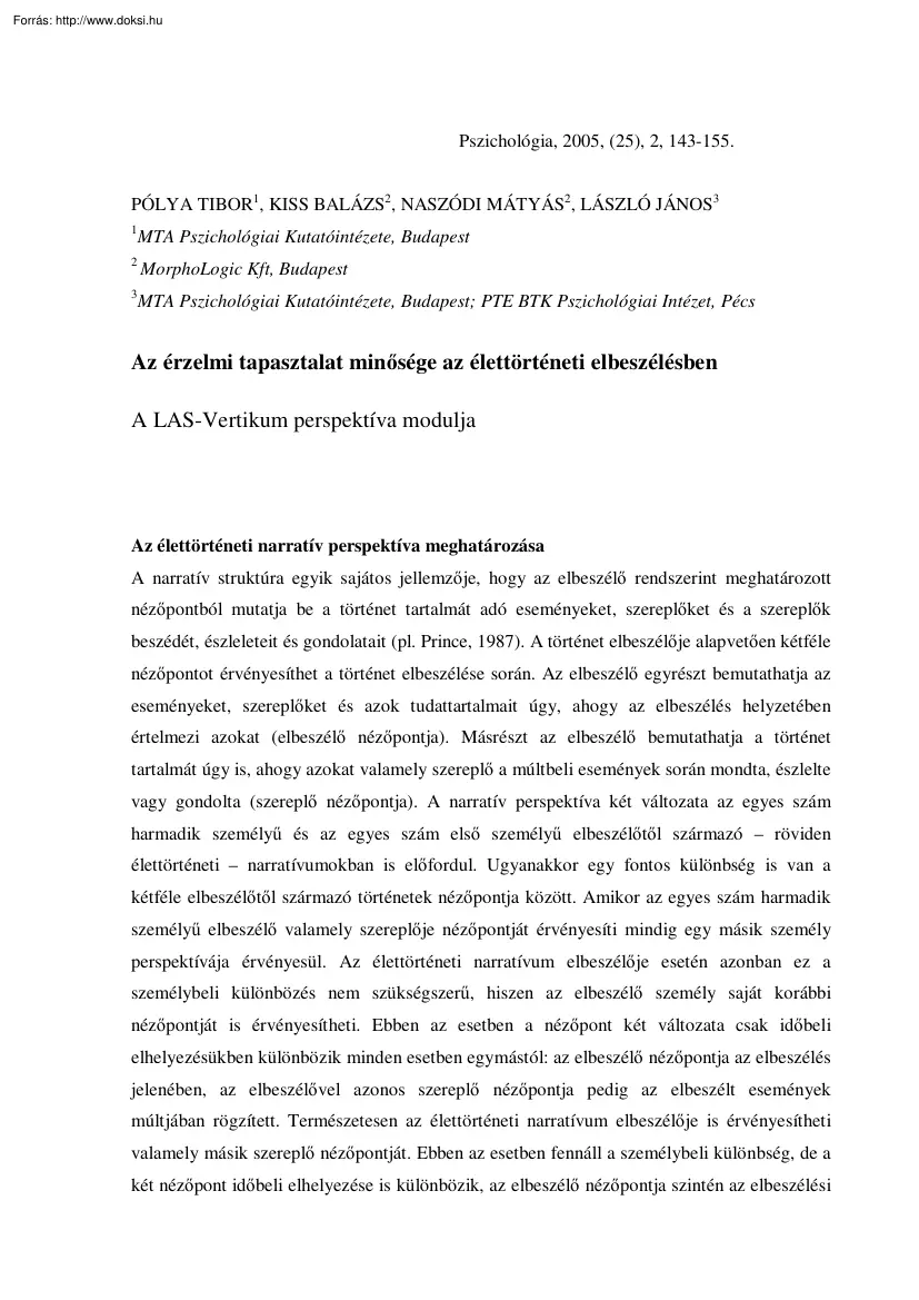 Pólya-Kiss-Naszódi - Az érzelmi tapasztalat minősége az élettörténeti elbeszélésben