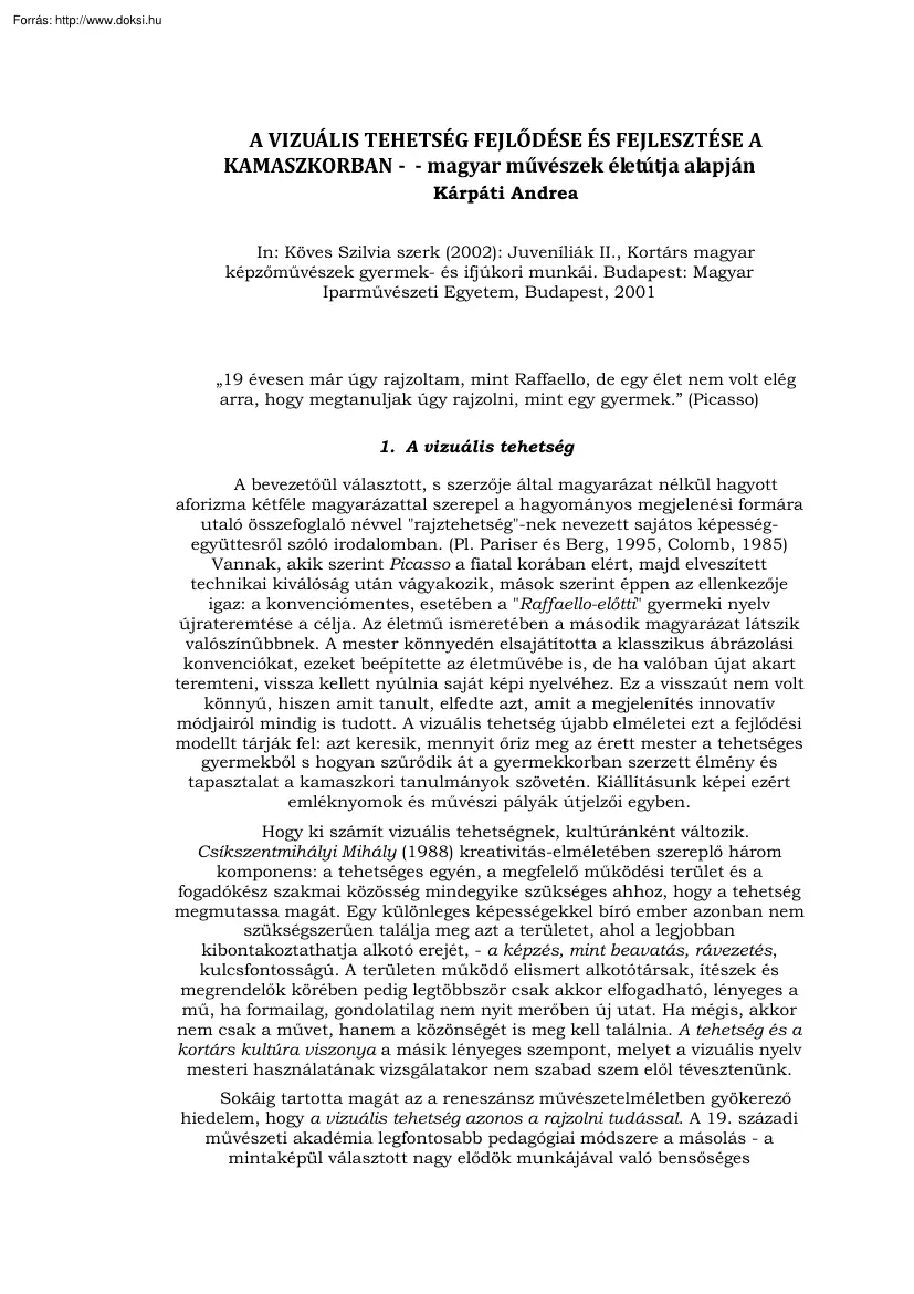 Kárpáti Andrea - A vizuális tehetség fejlődése és fejlesztése a kamaszkorban