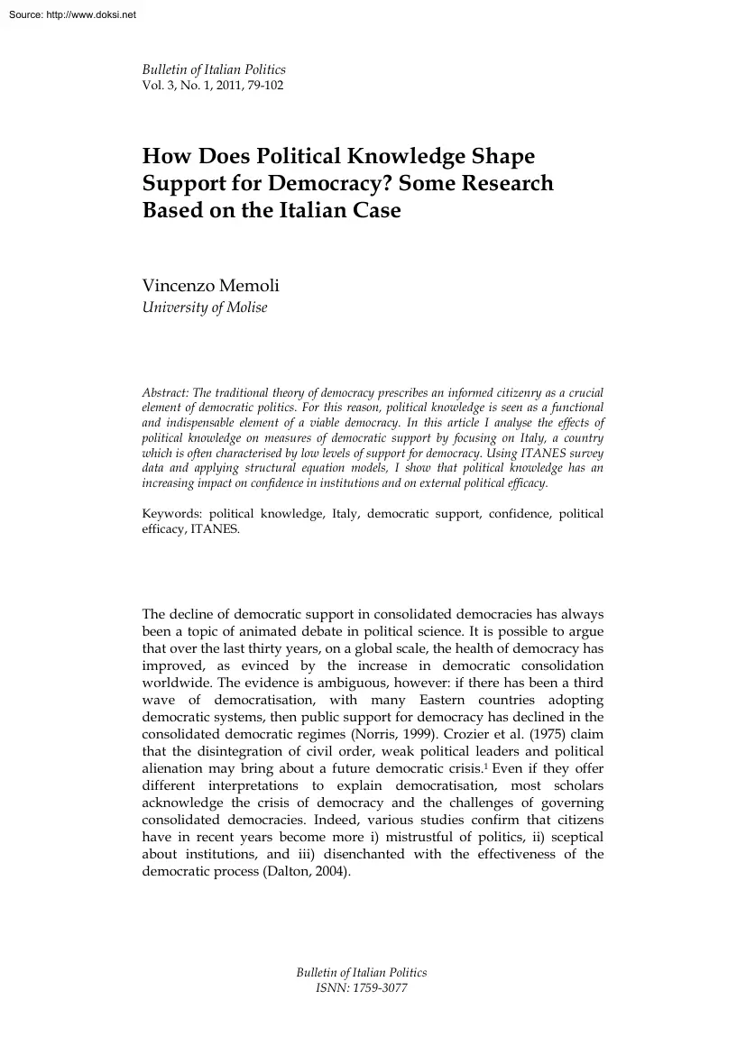 Vincenzo Memoli - How Does Political Knowledge Shape Support for Democracy, Some Research Based on