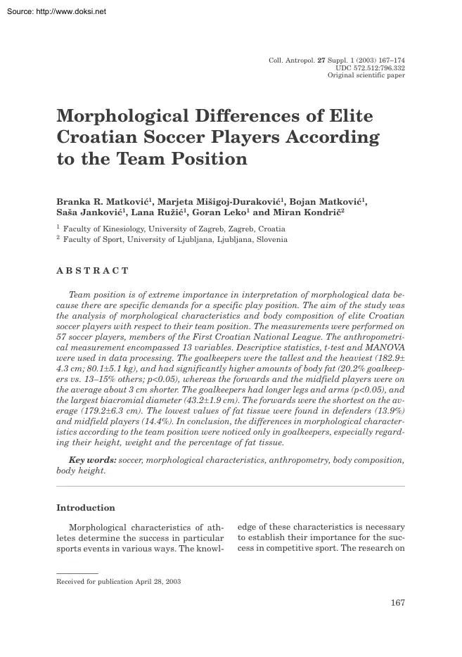 Matkovic-Durakovic-Jankovic - Morphological Differences of Elite Croatian Soccer Players According