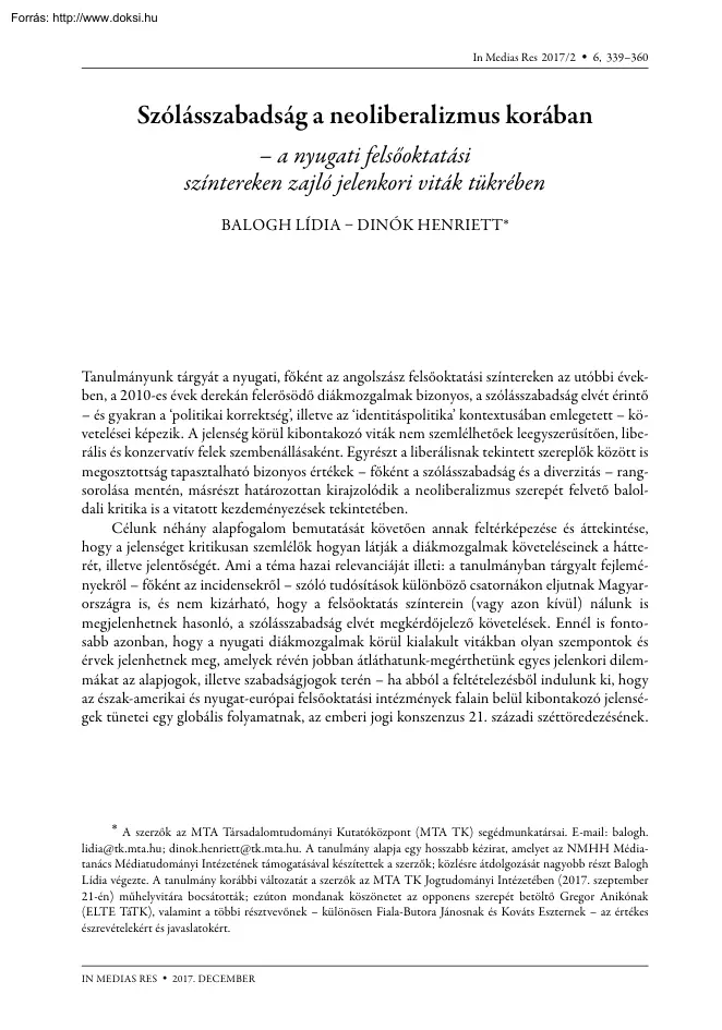 Balogh-Dinók - Szólásszabadság a neoliberalizmus korában