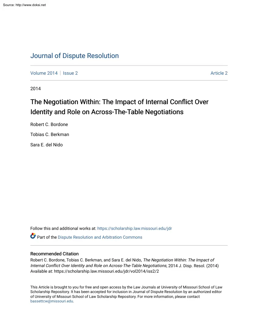 Bordone-Berkman-Nido - The Negotiation Within, The Impact of Internal Conflict Over Identity and