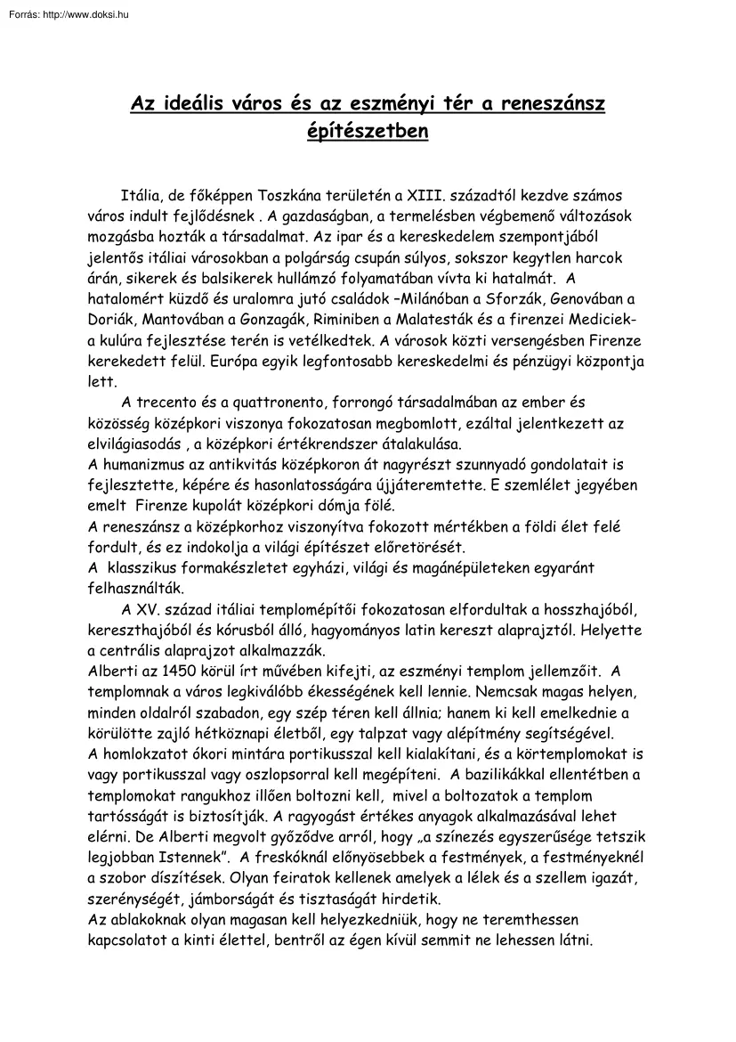 Az ideális város és az eszményi tér a reneszánsz építészetben