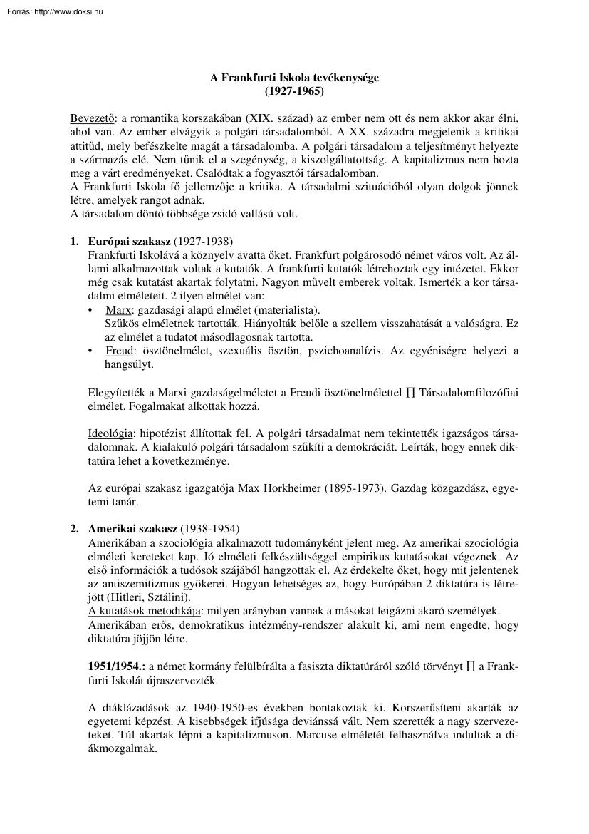 A Frankfurti Iskola tevékenysége
