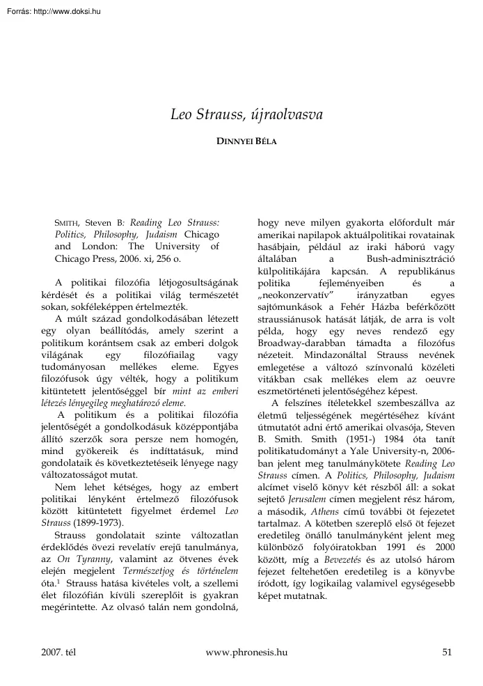 Dinnyei Béla - Leo Strauss, újraolvasva