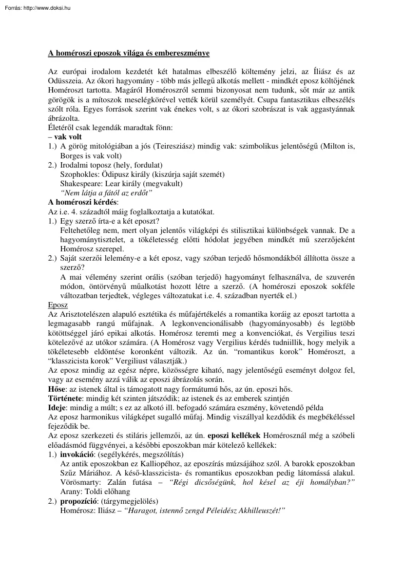 A homéroszi eposzok világa és embereszménye