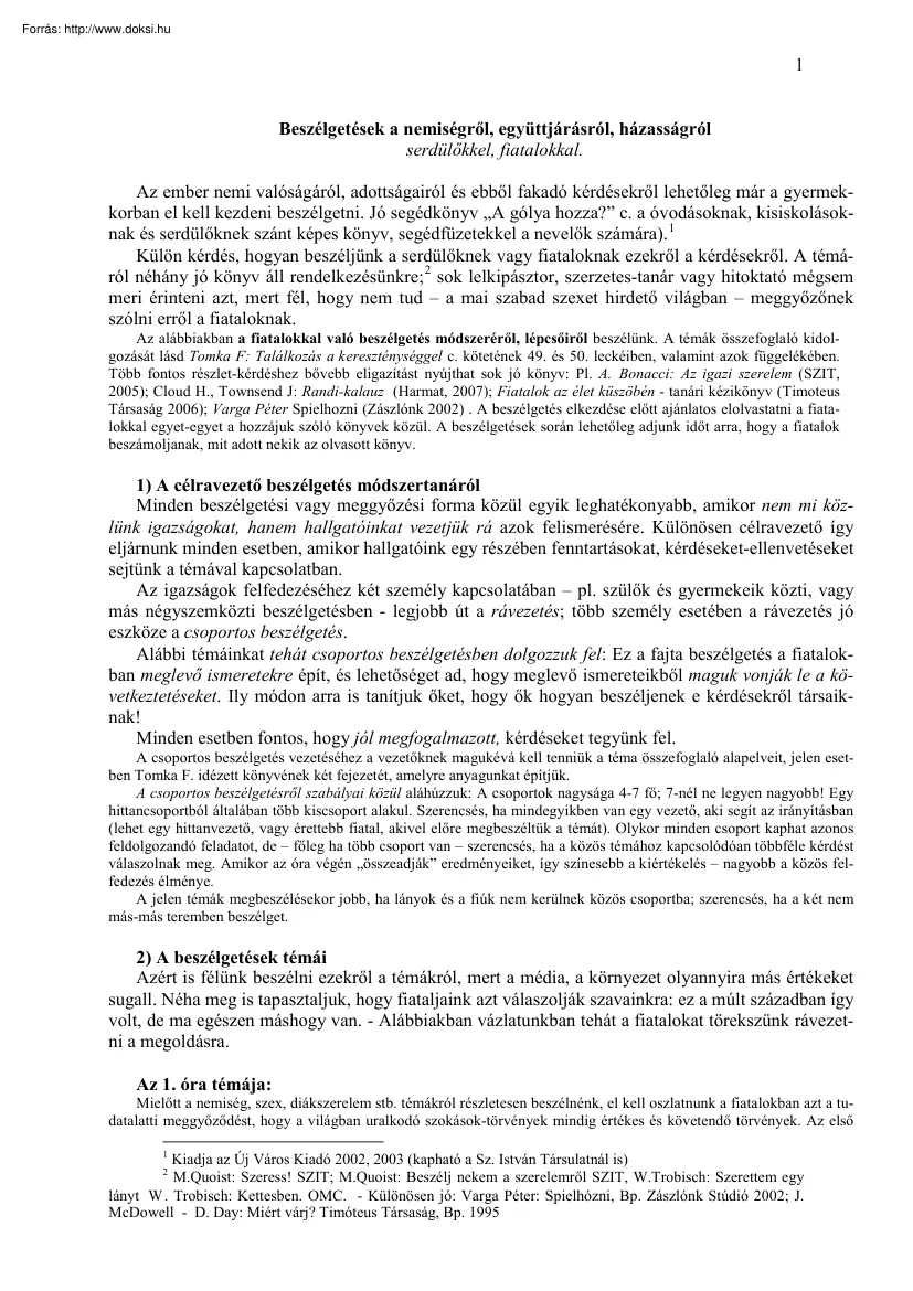 Beszélgetések a nemiségről, együttjárásról, házasságról serdülőkkel, fiatalokkal