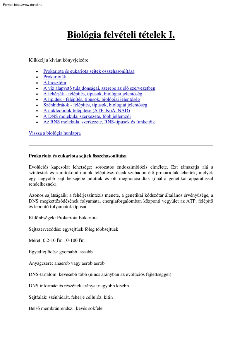 Biológia felvételi tételek I., 1999