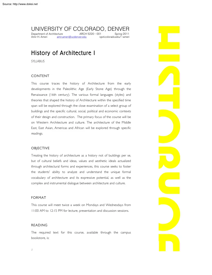 Amir H. Ameri - History of Architecture, Syllabus