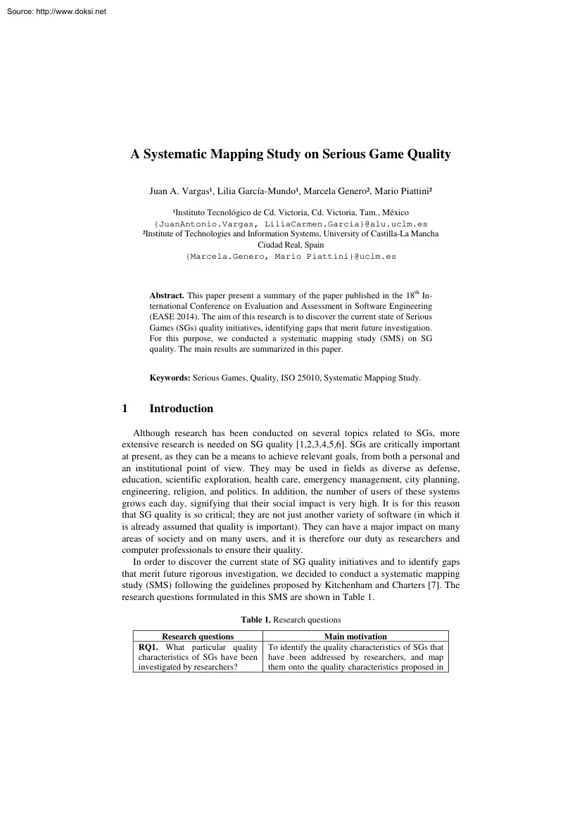 A Systematic Mapping Study on Serious Game Quality