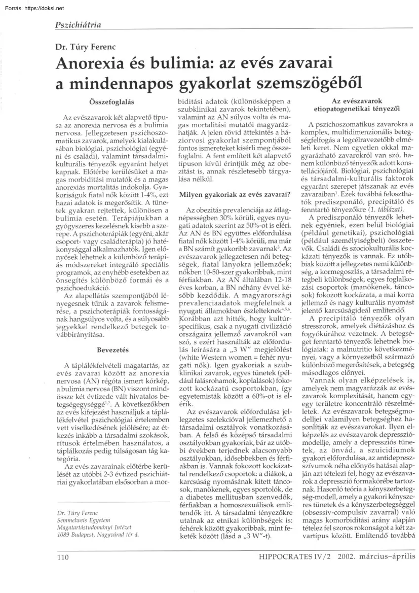 Dr. Túry Ferenc - Anorexia és bulimia, az evés zavarai a mindennapos gyakorlat szemszögéből