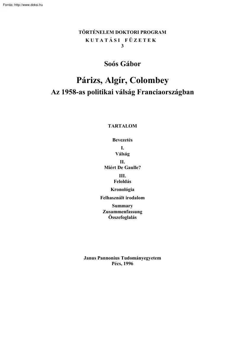 JPTE Soós Gábor - Az 1958-as politikai válság Franciaországban
