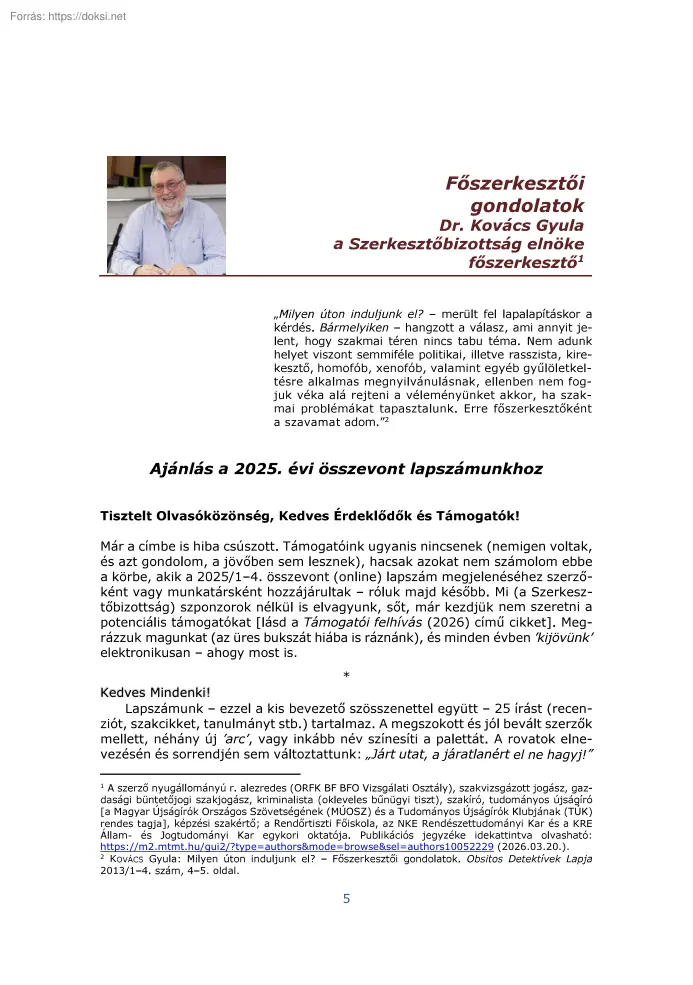 Dr. Kovács Gyula - Obsitos Detektívek Lapja, Ajánlás a 2025. évi összevont lapszámunkhoz