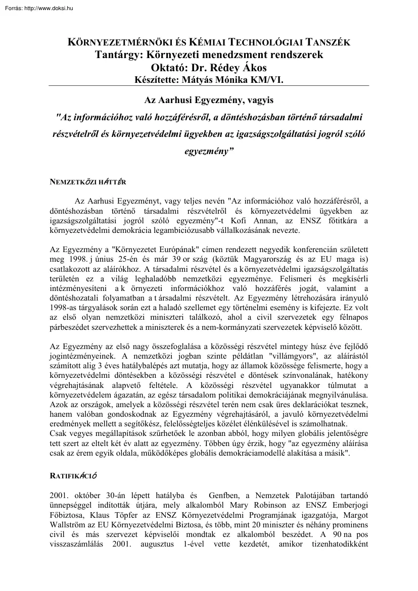 Dr. Rédey Ákos - Az Aarhusi Egyezmény