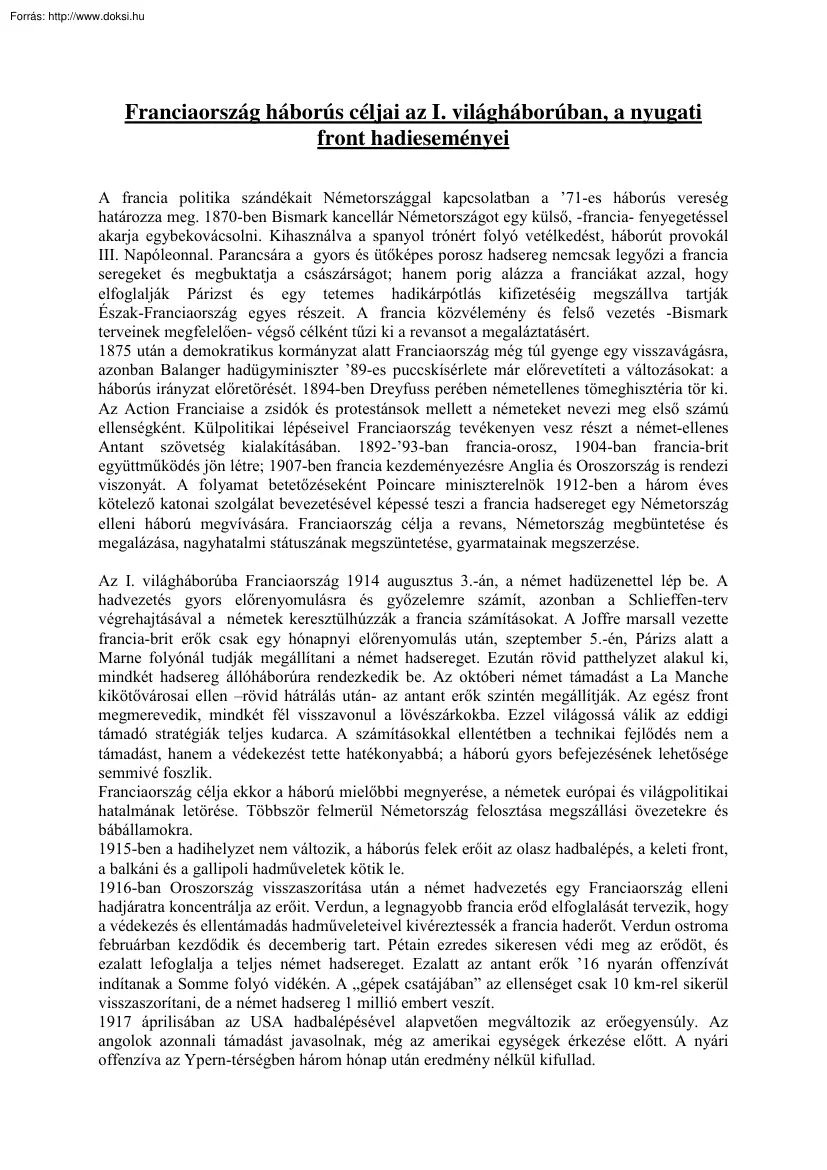 Franciaország háborús céljai az I. világháborúban, a nyugati front hadieseményei
