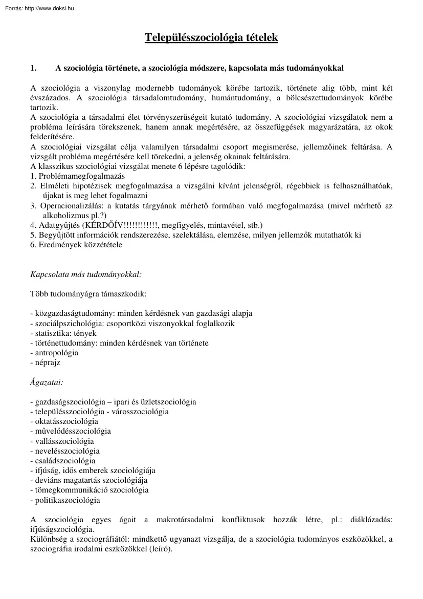 Településszociológia tételek