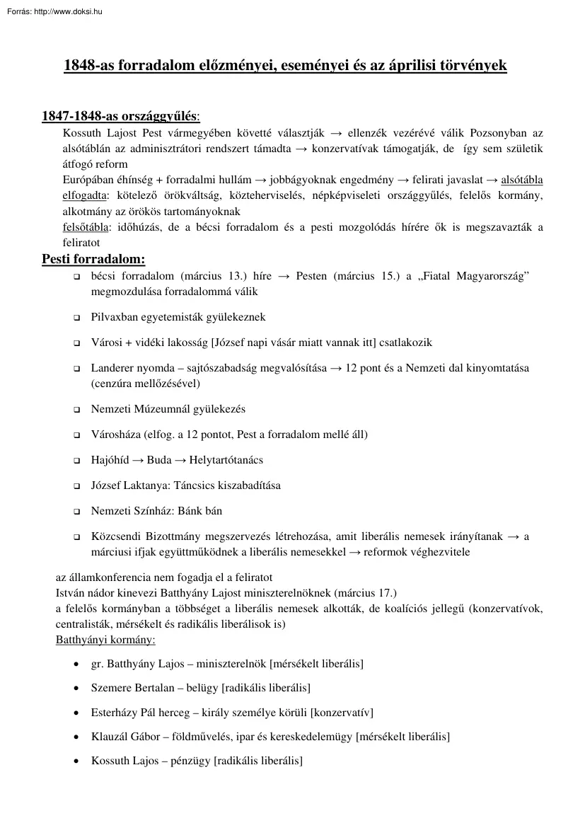 Az 1848-as forradalom előzményei, eseményei és az áprilisi törvények