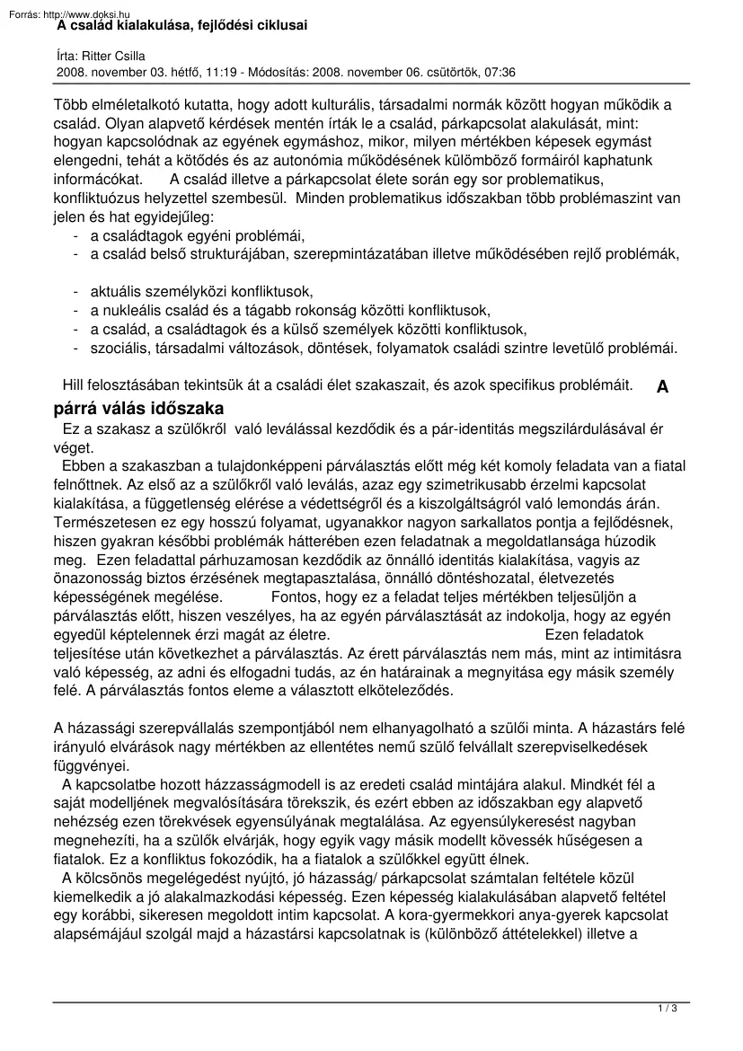 Ritter Csilla - A család kialakulása, fejlődési ciklusai