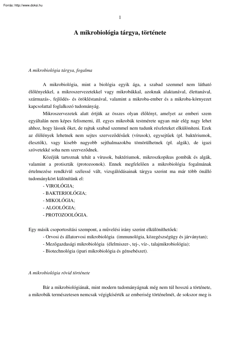 A mikrobiológia tárgya, története