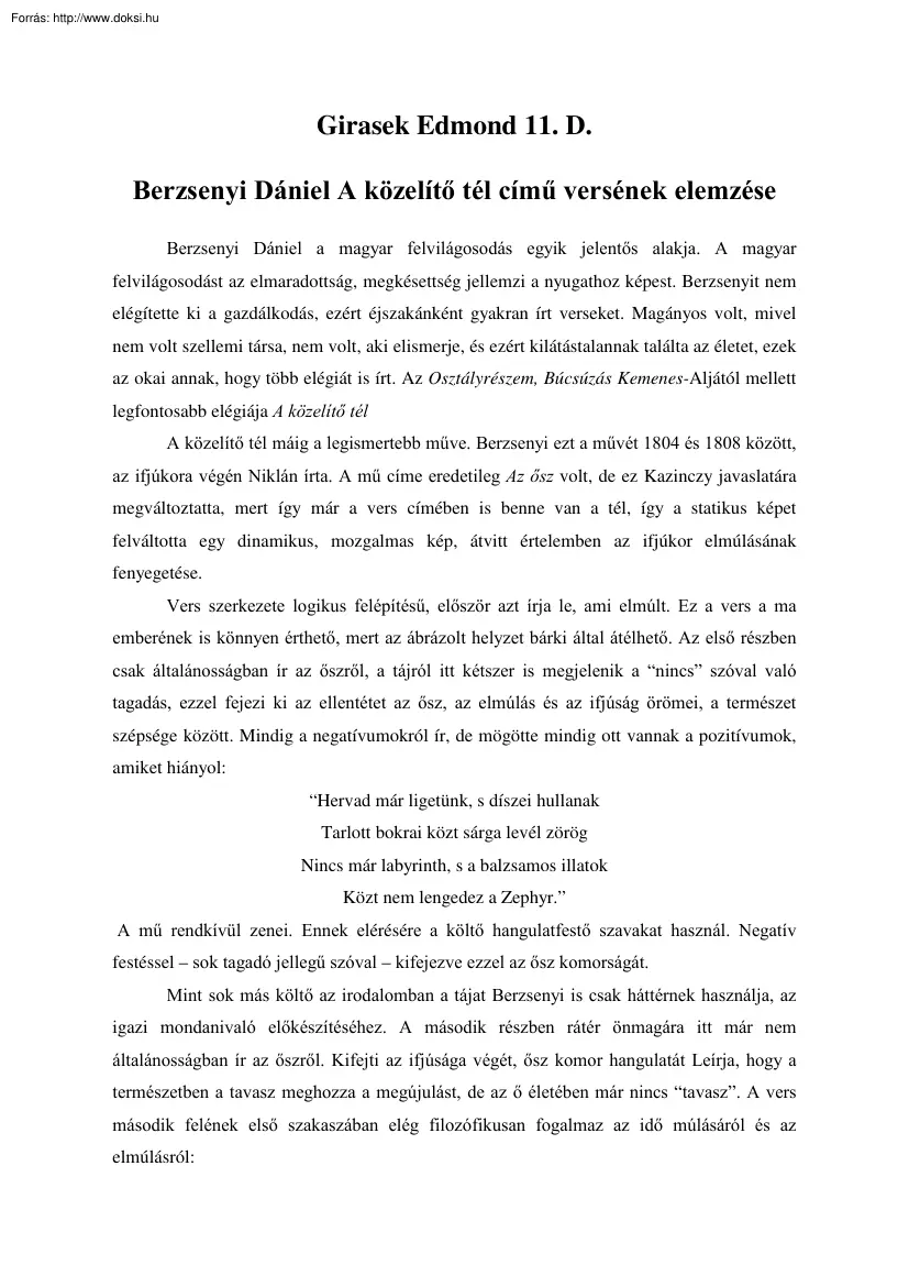 Girasek Edmond - Berzsenyi Dániel, a közelítő tél című versének elemzése