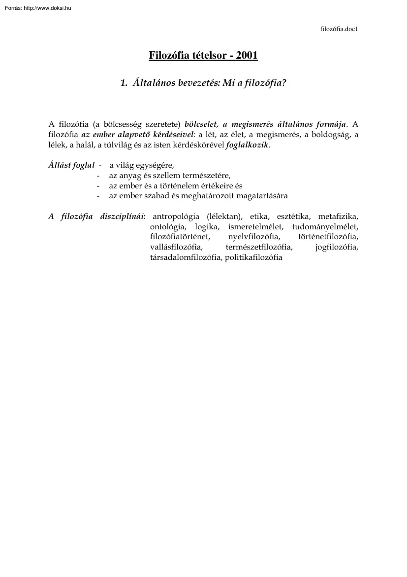 Filozófia tételsor, 2001