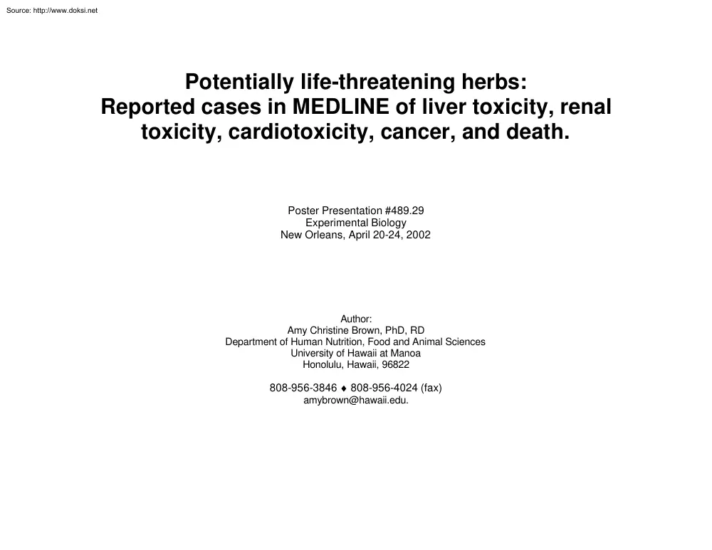 Amy Christine Brown - Potentially Life Threatening Herbs, Reported Cases in Medline of Liver