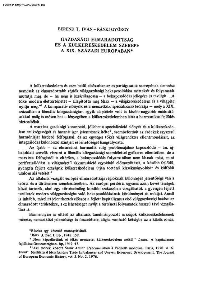 Berend-Ránki - Gazdasági elmaradottság és a külkereskedelem szerepe a XIX. századi