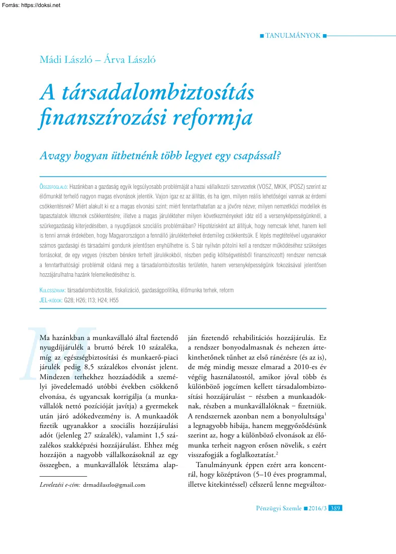 Mádi-Árva - A társadalombiztosítás finanszírozási reformja