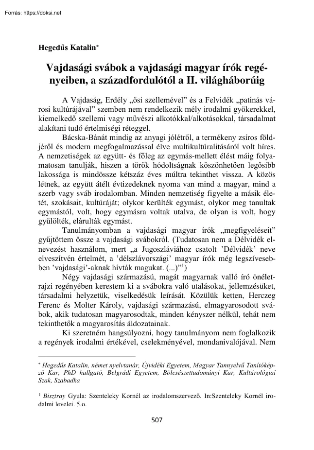 Hegedűs Katalin - Vajdasági svábok a vajdasági magyar írók regényeiben, a