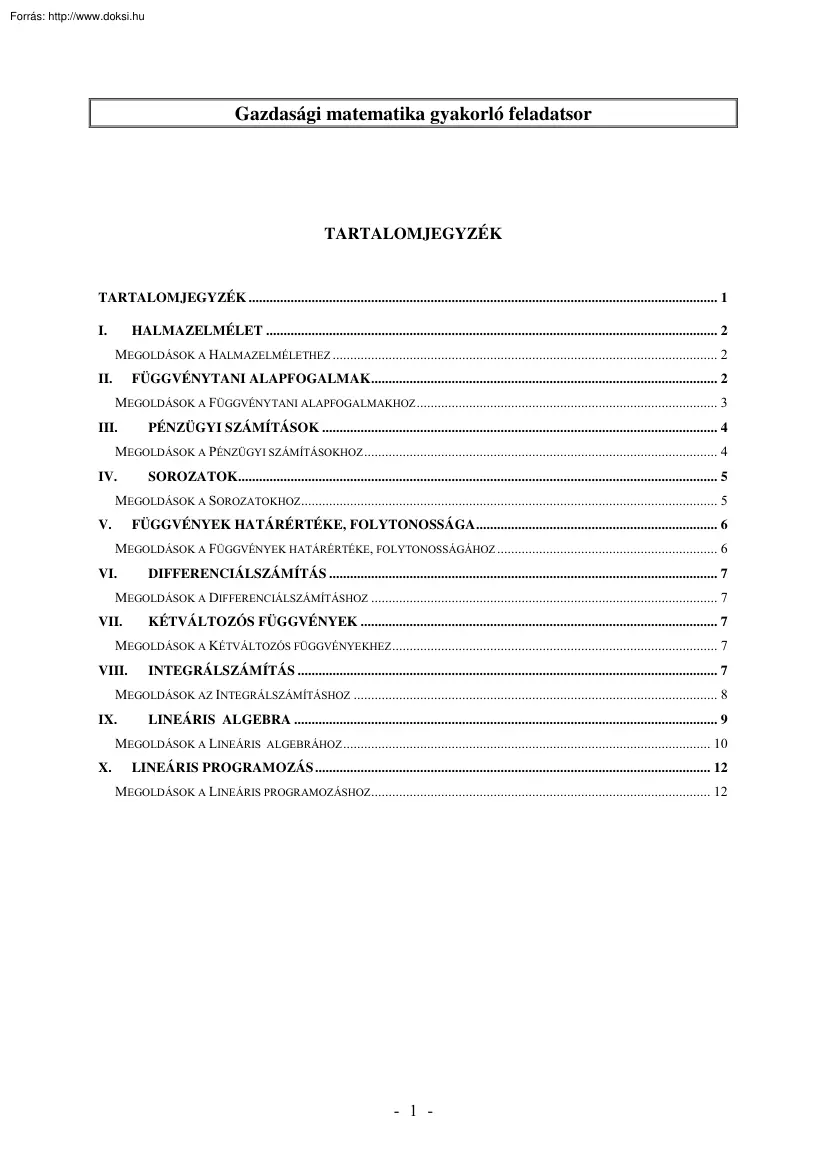 Gazdasági matematika gyakorló feladatsor