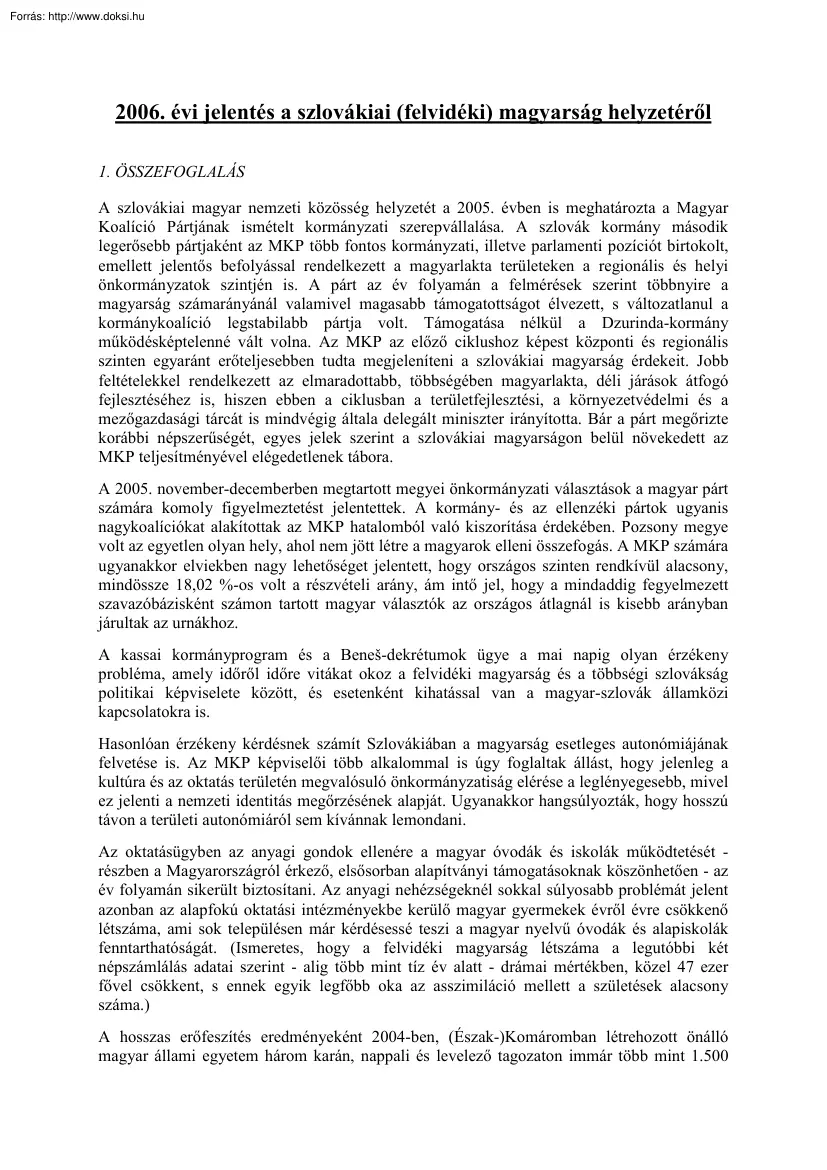 2006. évi jelentés a szlovákiai (felvidéki) magyarság helyzetéről